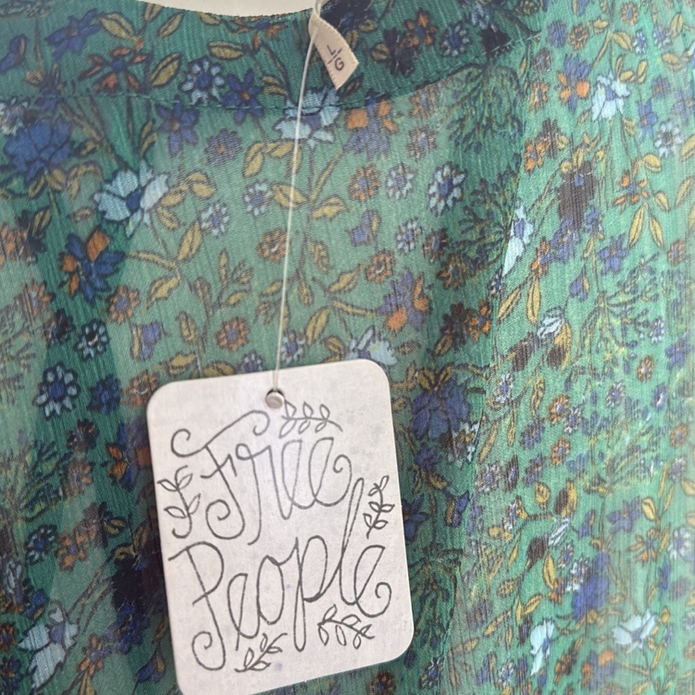 Free People Smocked Shoulder Midi Dress Green Floral Tiered Long Sleeve NWT - Picture 14 of 15